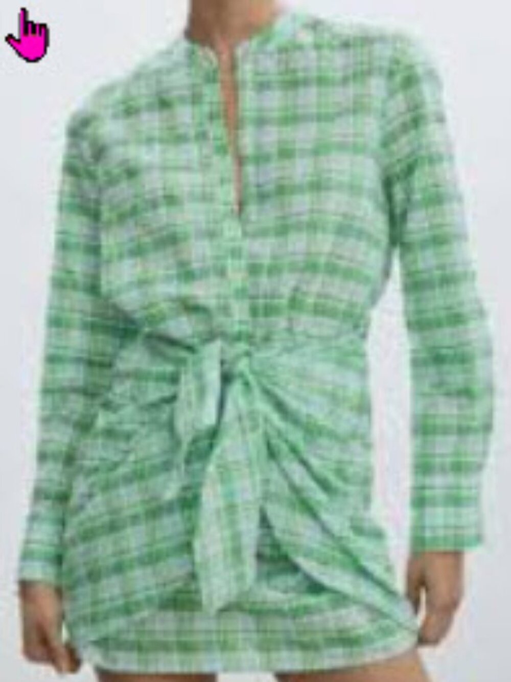 Mango Green Plaid Tie-Waist Long Sleeve Dress